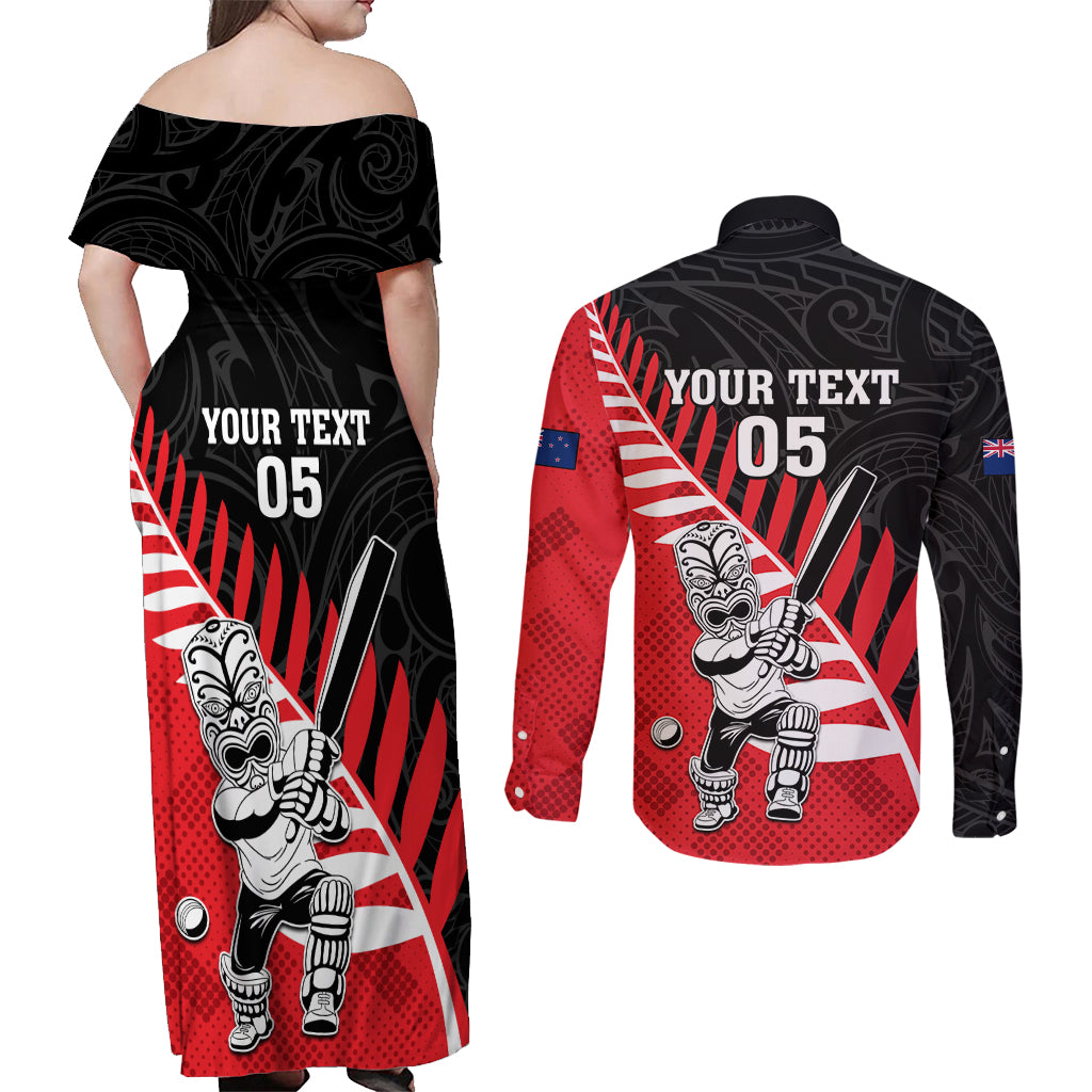 Custom New Zealand Canterbury Cricket Couples Matching Off Shoulder Maxi Dress and Long Sleeve Button Shirt With Maori Pattern LT05 - Polynesian Pride