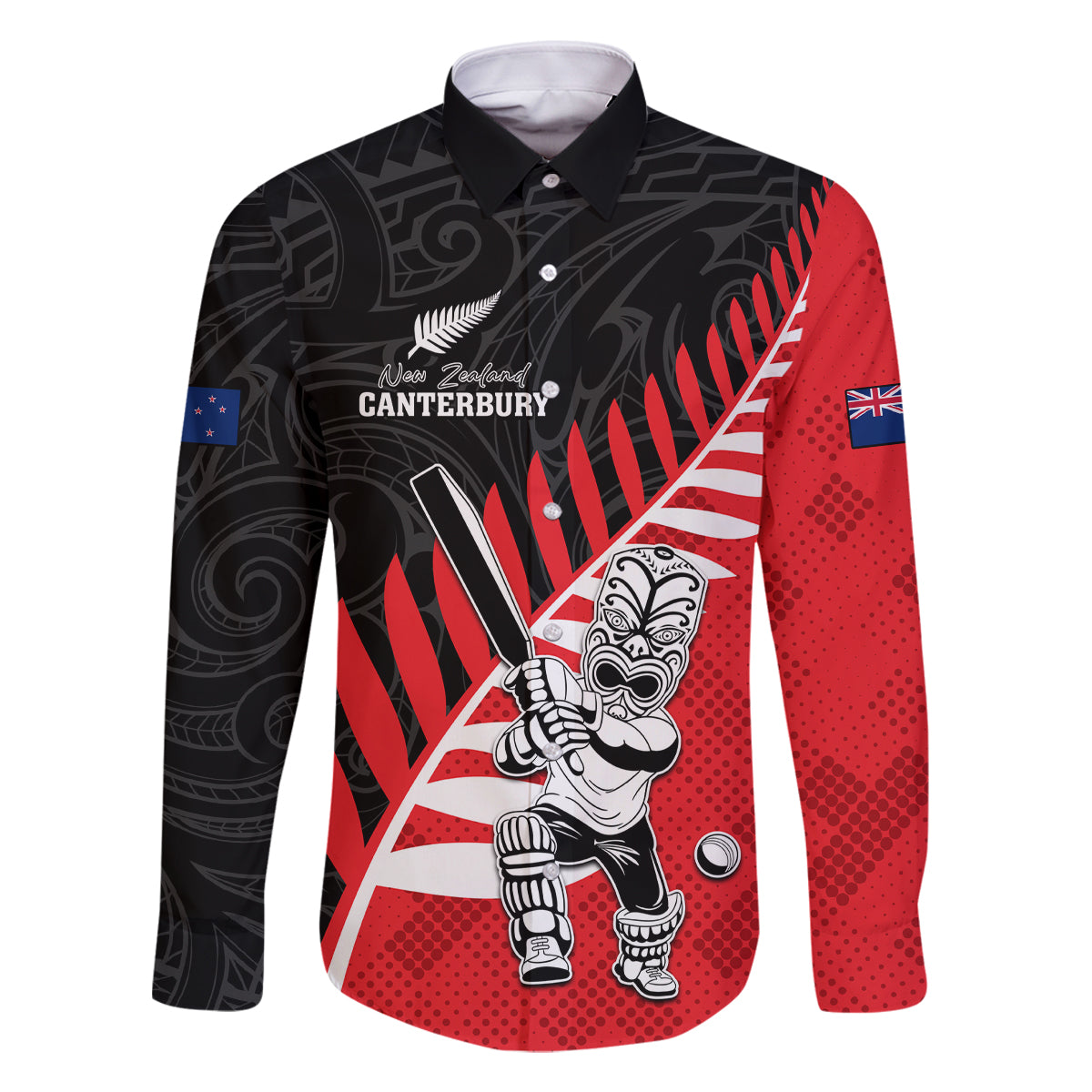 Custom New Zealand Canterbury Cricket Family Matching Off Shoulder Short Dress and Hawaiian Shirt With Maori Pattern LT05 Dad's Shirt - Long Sleeve Red - Polynesian Pride