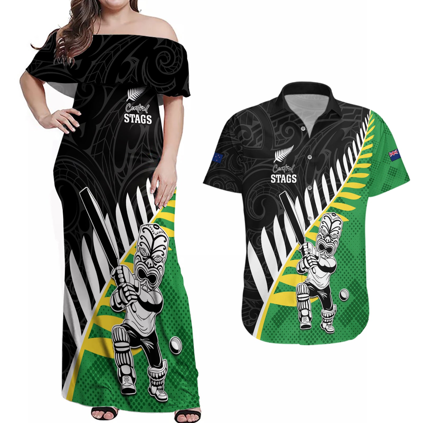 Custom New Zealand Central Districts Cricket Couples Matching Off Shoulder Maxi Dress and Hawaiian Shirt With Maori Pattern LT05 Green - Polynesian Pride