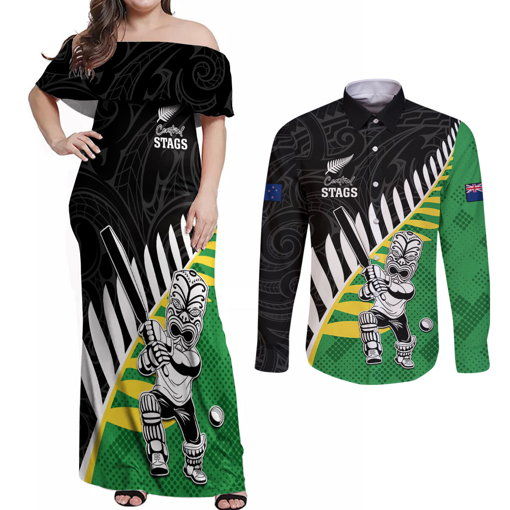 Custom New Zealand Central Districts Cricket Couples Matching Off Shoulder Maxi Dress and Long Sleeve Button Shirt With Maori Pattern LT05 Green - Polynesian Pride