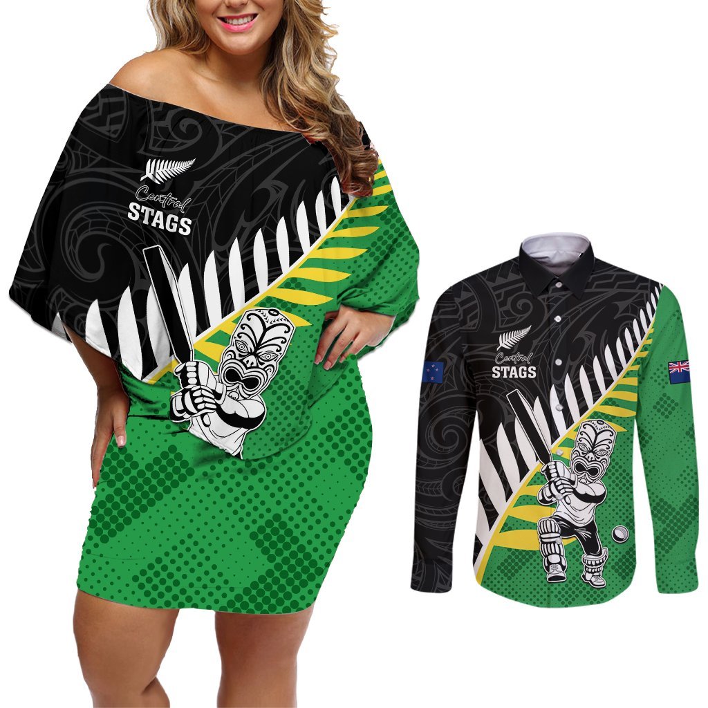 Custom New Zealand Central Districts Cricket Couples Matching Off Shoulder Short Dress and Long Sleeve Button Shirt With Maori Pattern LT05 Green - Polynesian Pride