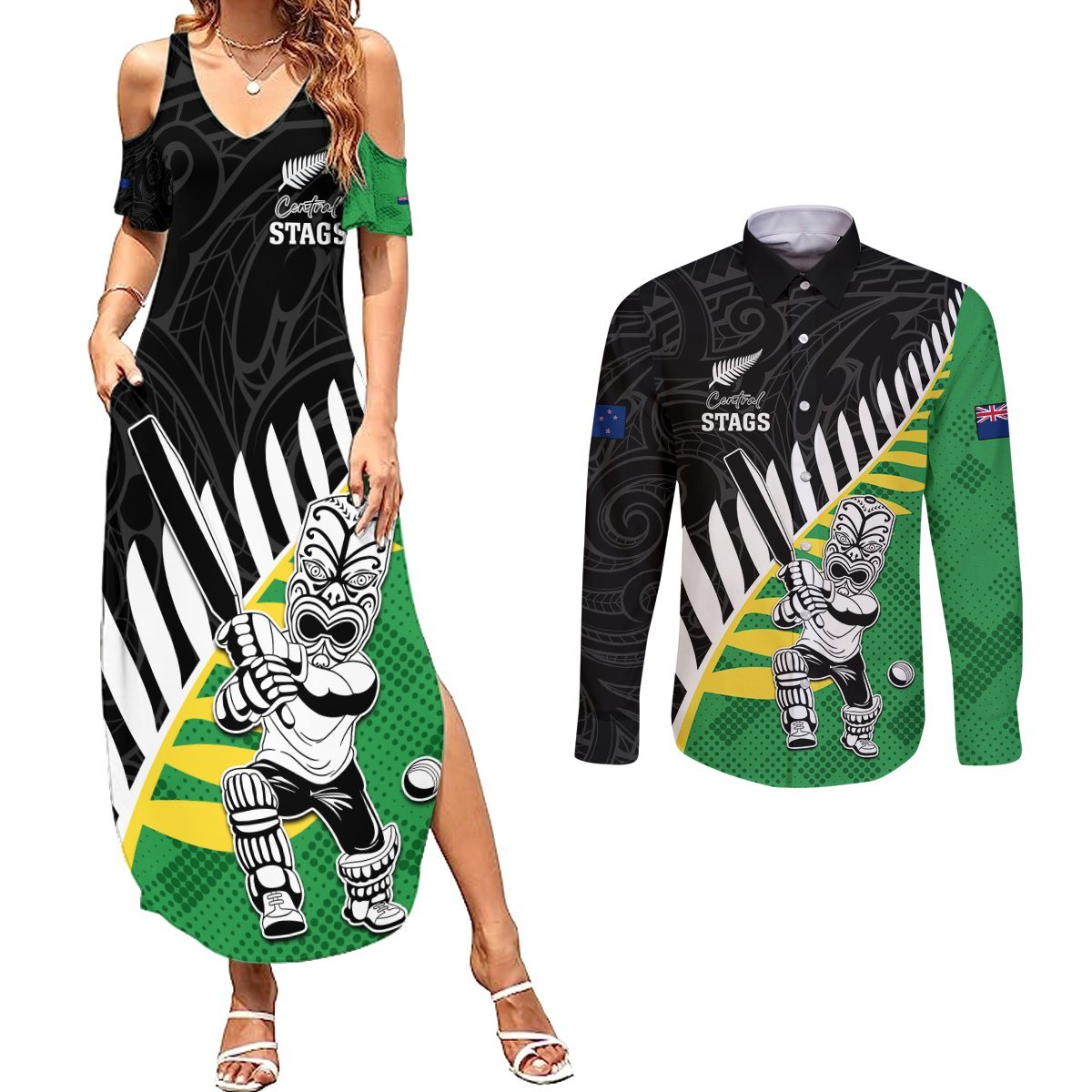Custom New Zealand Central Districts Cricket Couples Matching Summer Maxi Dress and Long Sleeve Button Shirt With Maori Pattern LT05 Green - Polynesian Pride