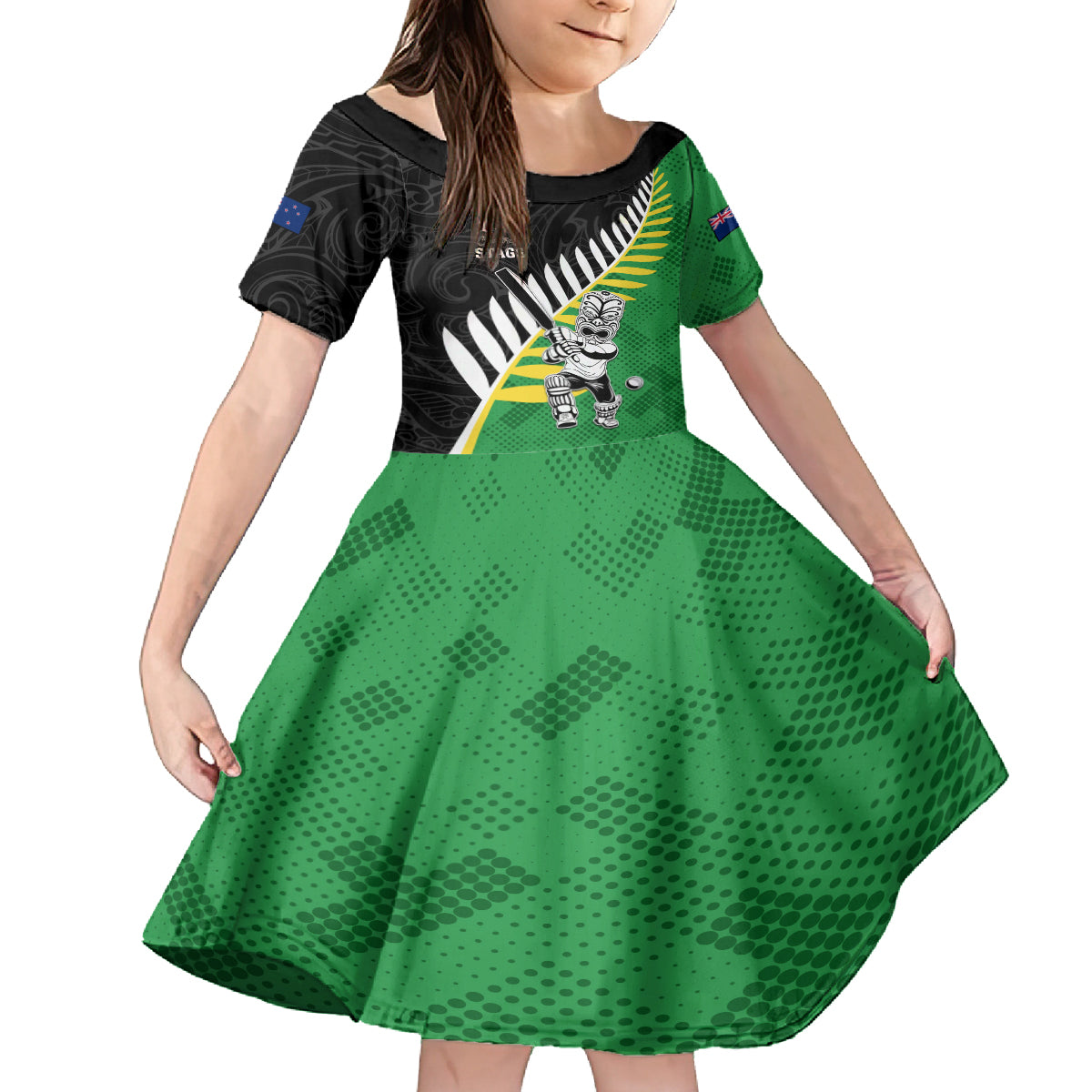 Custom New Zealand Central Districts Cricket Family Matching Off Shoulder Short Dress and Hawaiian Shirt With Maori Pattern LT05 Daughter's Dress Green - Polynesian Pride