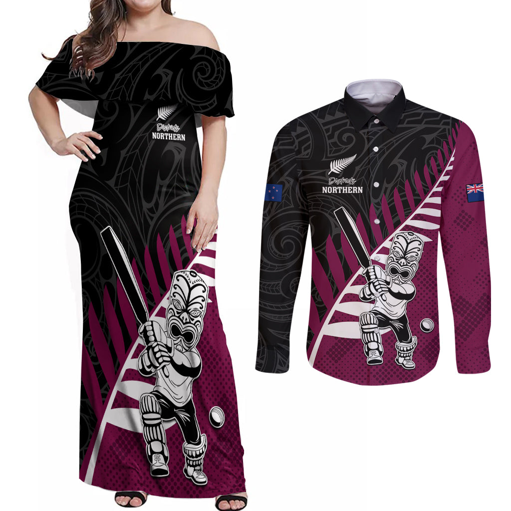 Custom New Zealand Northern Districts Cricket Couples Matching Off Shoulder Maxi Dress and Long Sleeve Button Shirt With Maori Pattern LT05 Maroon - Polynesian Pride