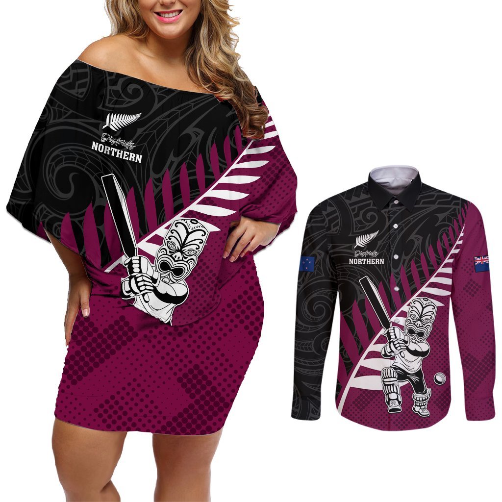 Custom New Zealand Northern Districts Cricket Couples Matching Off Shoulder Short Dress and Long Sleeve Button Shirt With Maori Pattern LT05 Maroon - Polynesian Pride
