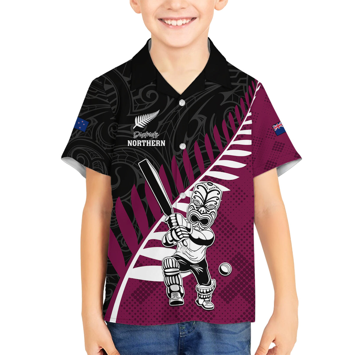 Custom New Zealand Northern Districts Cricket Family Matching Puletasi and Hawaiian Shirt With Maori Pattern LT05 Son's Shirt Maroon - Polynesian Pride
