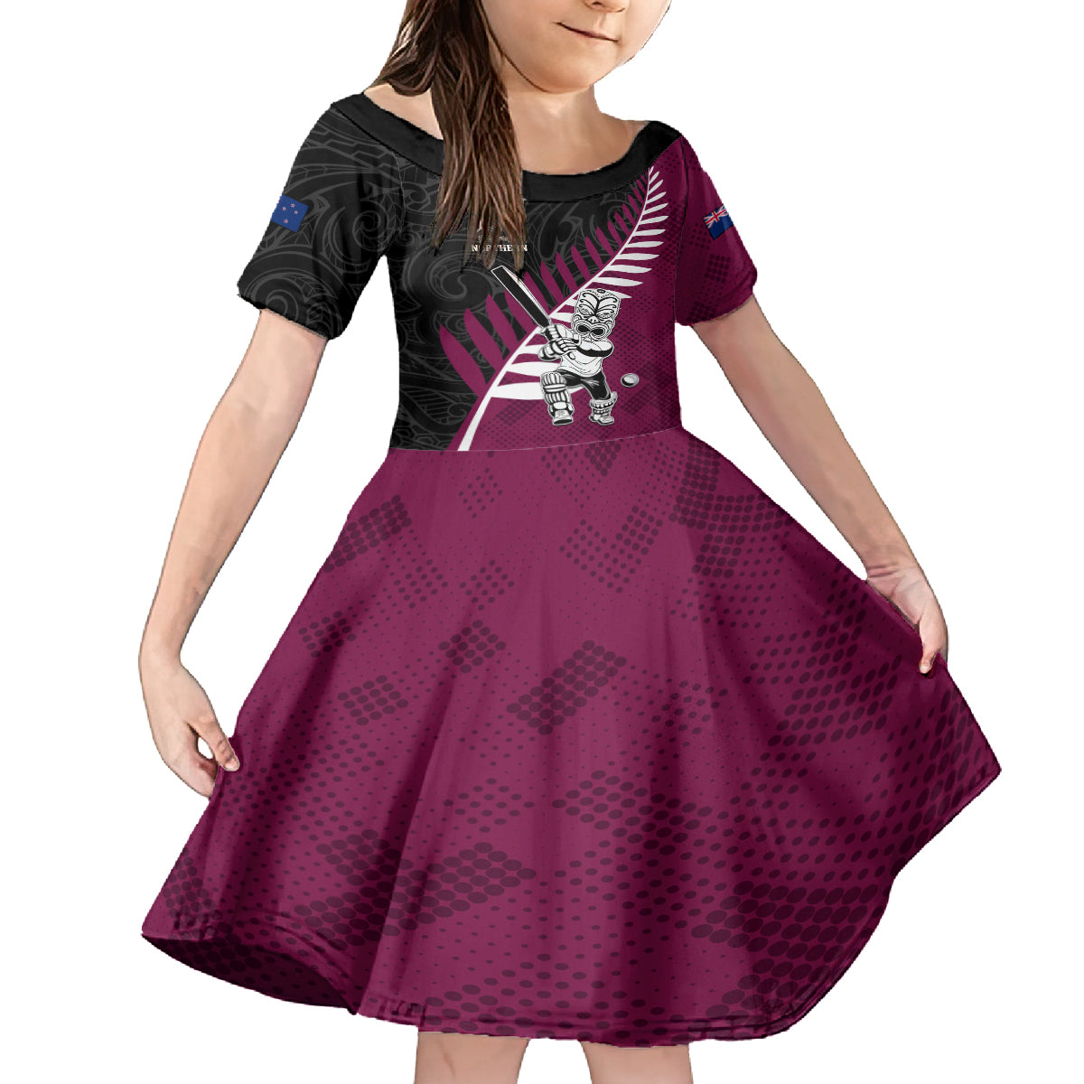 Custom New Zealand Northern Districts Cricket Kid Short Sleeve Dress With Maori Pattern LT05 KID Maroon - Polynesian Pride
