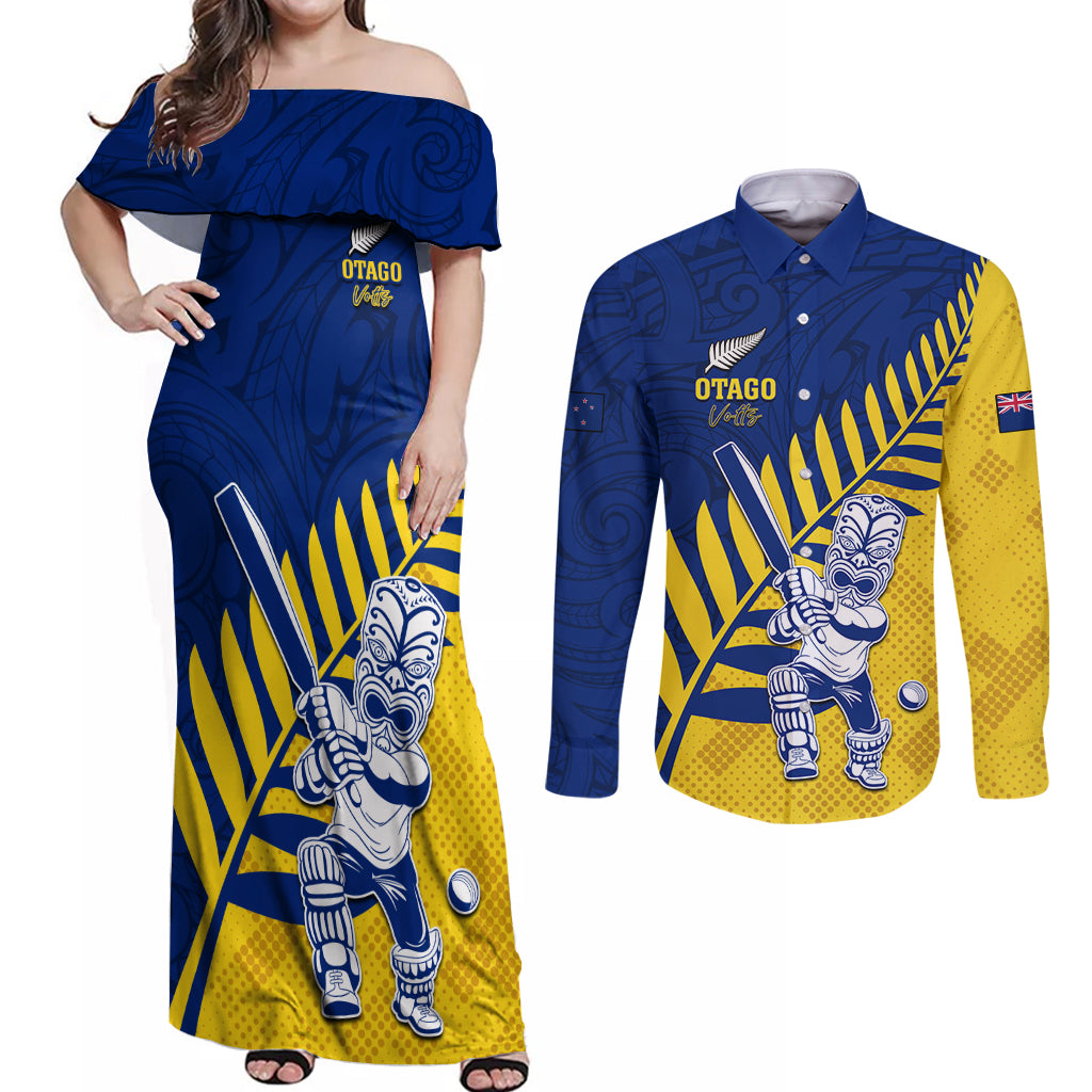 Custom New Zealand Otago Cricket Couples Matching Off Shoulder Maxi Dress and Long Sleeve Button Shirt With Maori Pattern LT05 Yellow - Polynesian Pride