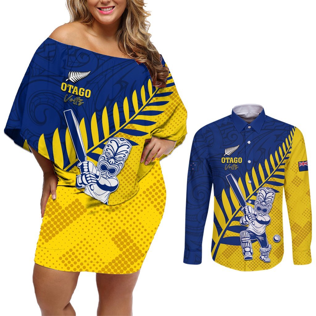 Custom New Zealand Otago Cricket Couples Matching Off Shoulder Short Dress and Long Sleeve Button Shirt With Maori Pattern LT05 Yellow - Polynesian Pride