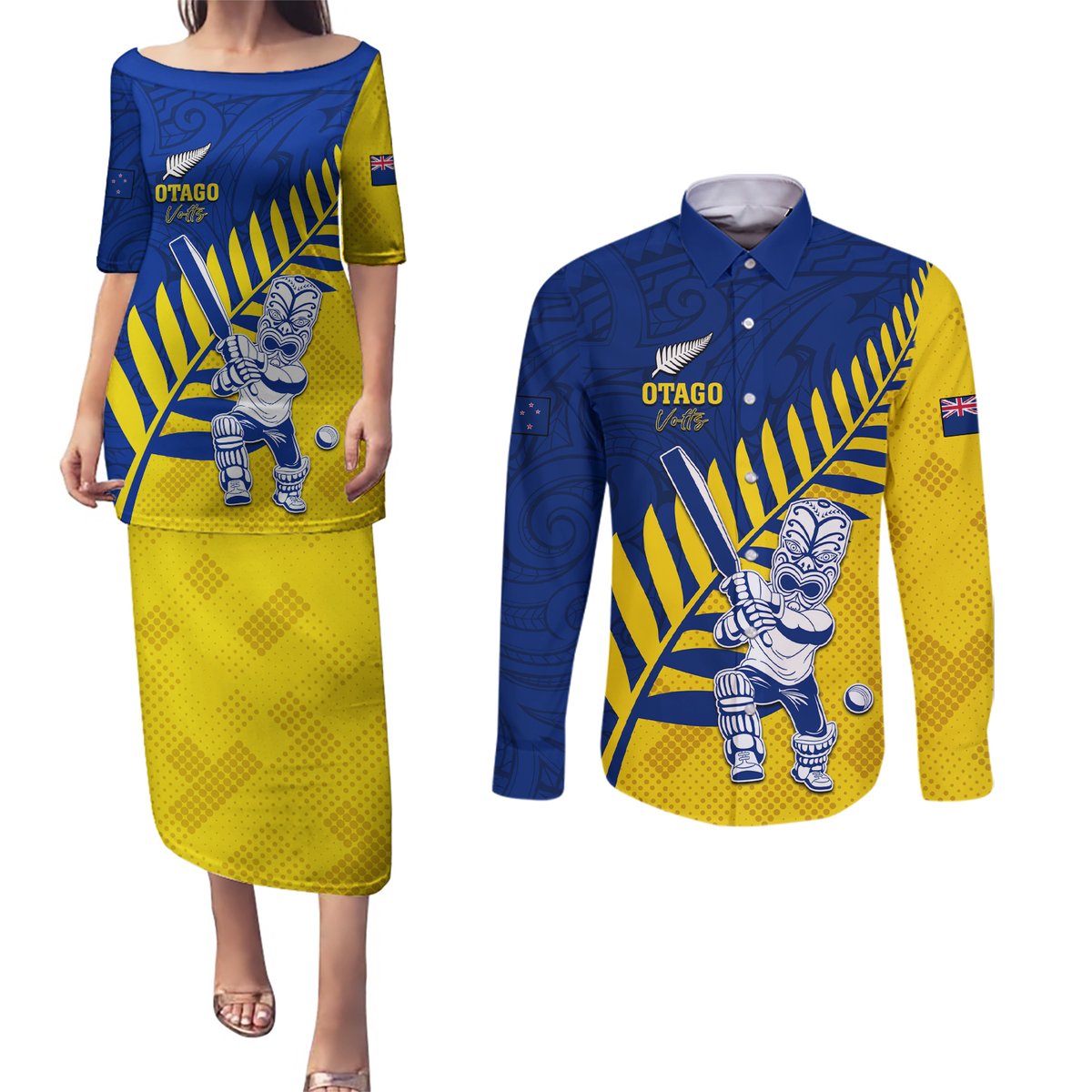 Custom New Zealand Otago Cricket Couples Matching Puletasi and Long Sleeve Button Shirt With Maori Pattern LT05 Yellow - Polynesian Pride