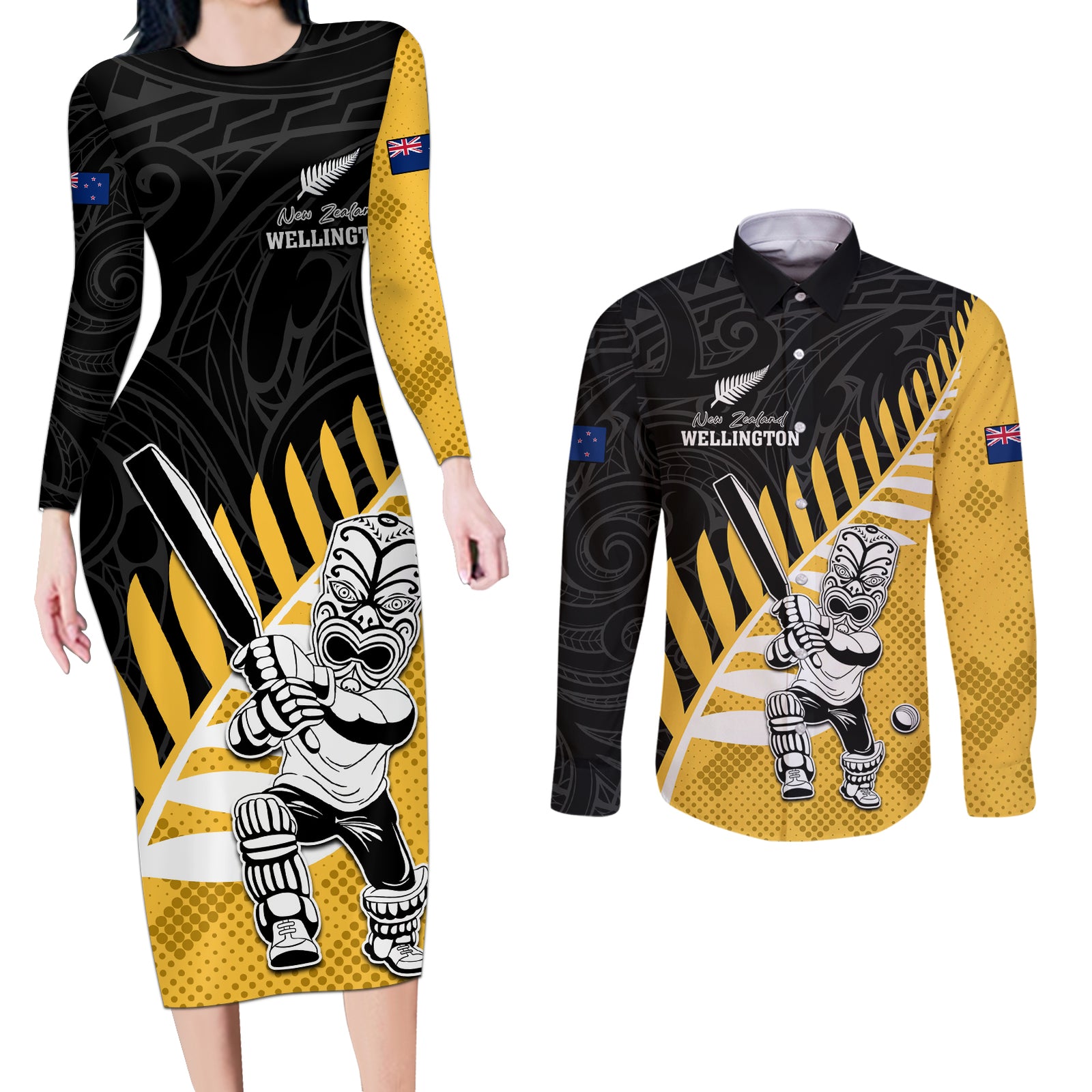 Custom New Zealand Wellington Cricket Couples Matching Long Sleeve Bodycon Dress and Long Sleeve Button Shirt With Maori Pattern LT05 Yellow - Polynesian Pride
