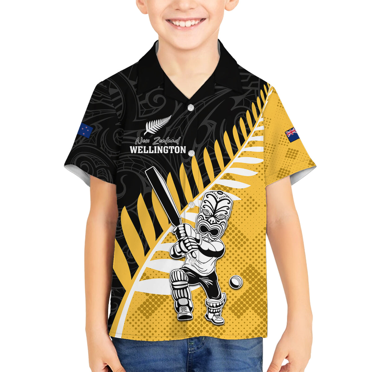 Custom New Zealand Wellington Cricket Family Matching Off Shoulder Maxi Dress and Hawaiian Shirt With Maori Pattern LT05 Son's Shirt Yellow - Polynesian Pride