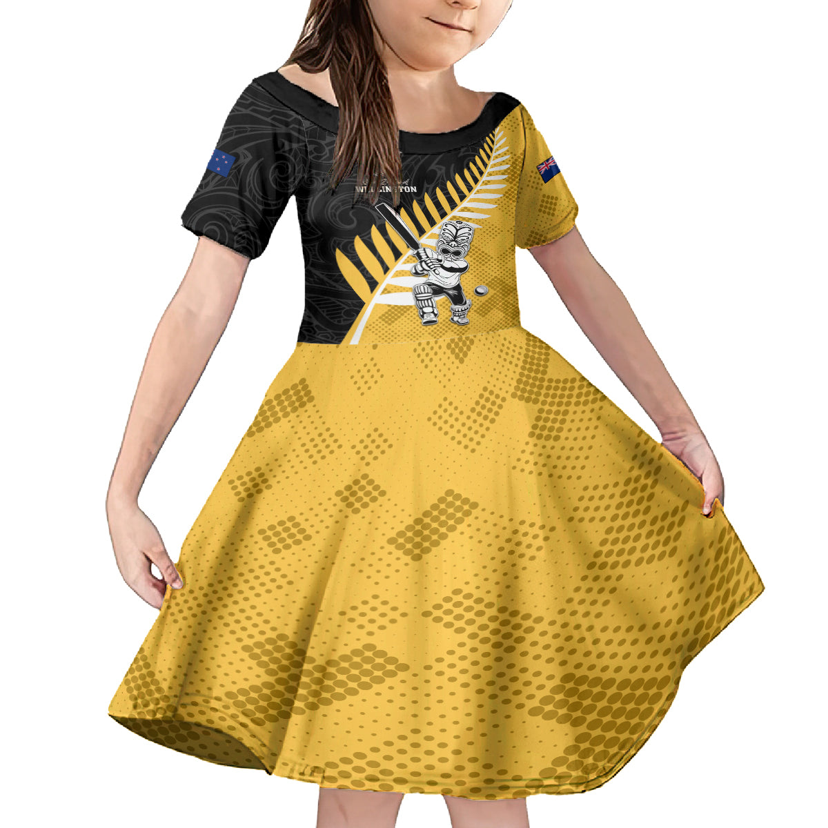 Custom New Zealand Wellington Cricket Family Matching Off Shoulder Short Dress and Hawaiian Shirt With Maori Pattern LT05 Daughter's Dress Yellow - Polynesian Pride