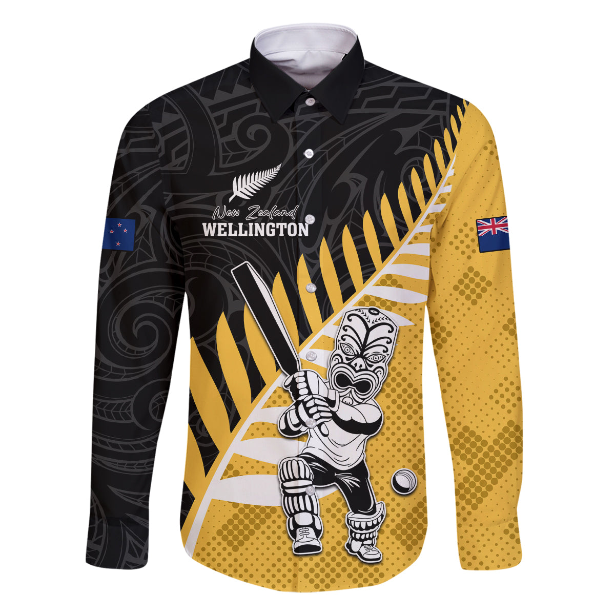 Custom New Zealand Wellington Cricket Family Matching Off Shoulder Short Dress and Hawaiian Shirt With Maori Pattern LT05 Dad's Shirt - Long Sleeve Yellow - Polynesian Pride