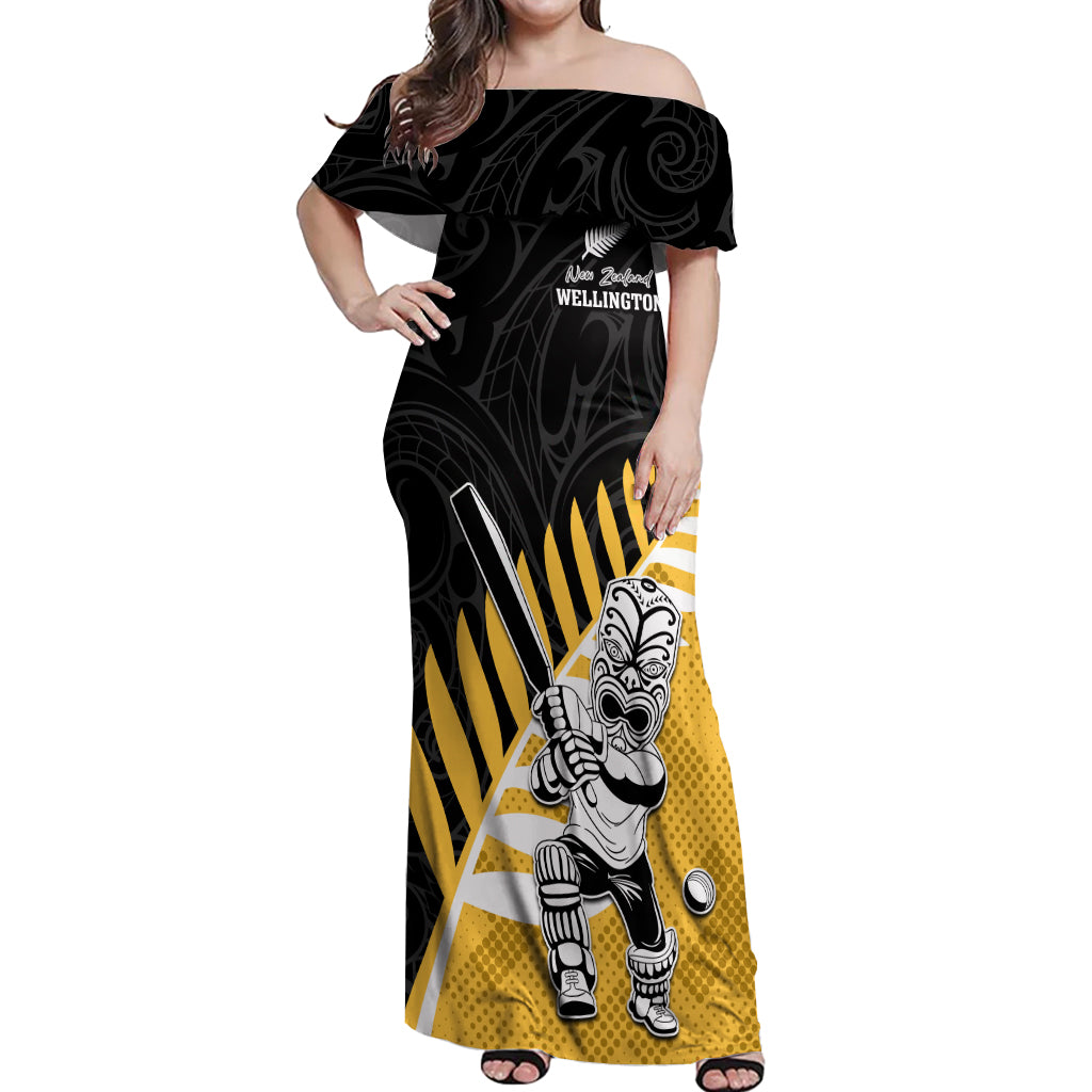 Custom New Zealand Wellington Cricket Off Shoulder Maxi Dress With Maori Pattern LT05 Women Yellow - Polynesian Pride