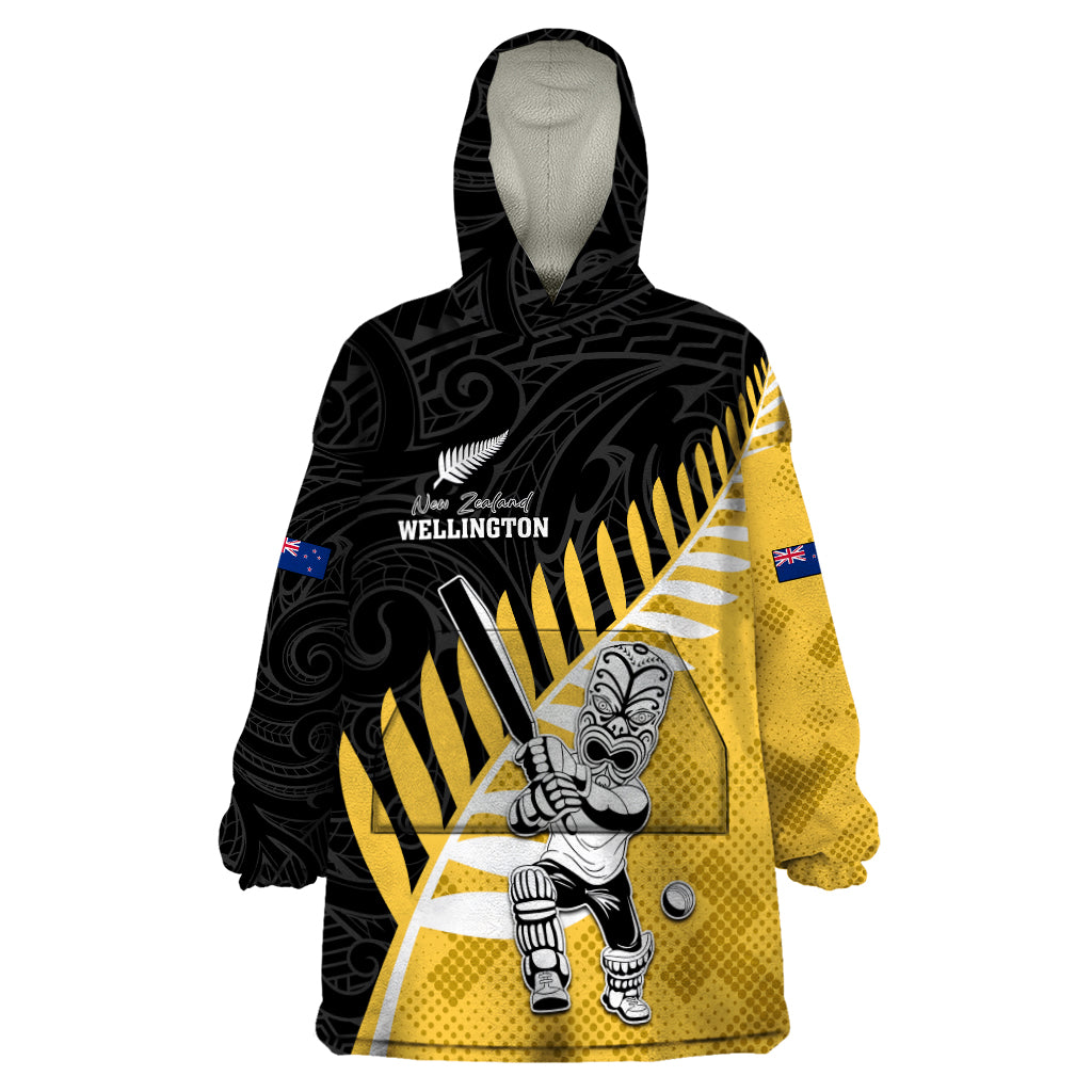 Custom New Zealand Wellington Cricket Wearable Blanket Hoodie With Maori Pattern LT05 One Size Yellow - Polynesian Pride