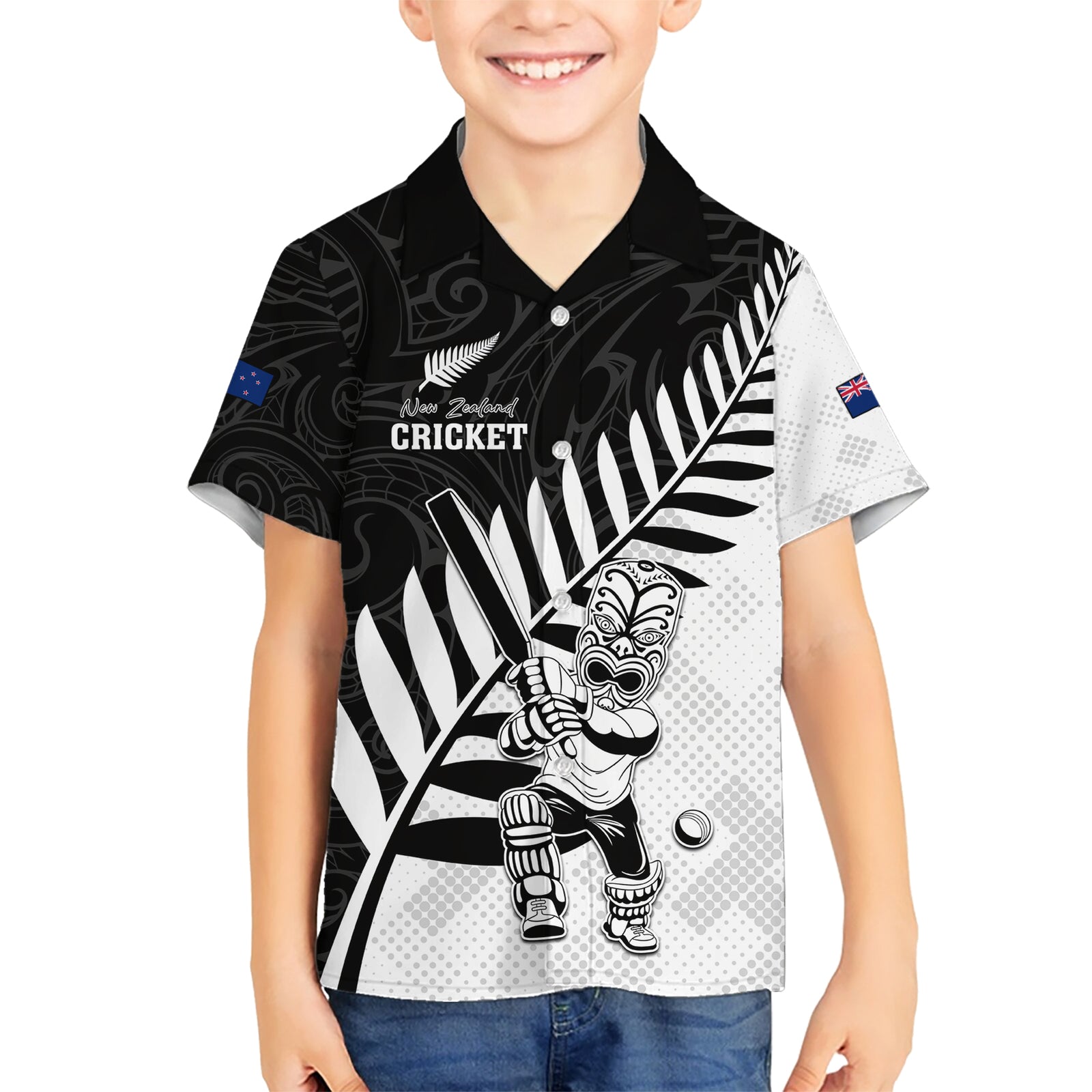 Custom New Zealand Cricket Kid Hawaiian Shirt With Maori Pattern LT05 Kid Black - Polynesian Pride