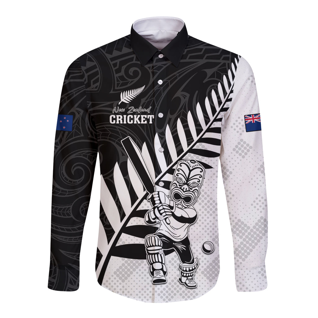 Custom New Zealand Cricket Long Sleeve Button Shirt With Maori Pattern LT05 Unisex Black - Polynesian Pride