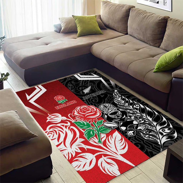 New Zealand And England Rugby Area Rug Maori Tiki With Red Rose ...