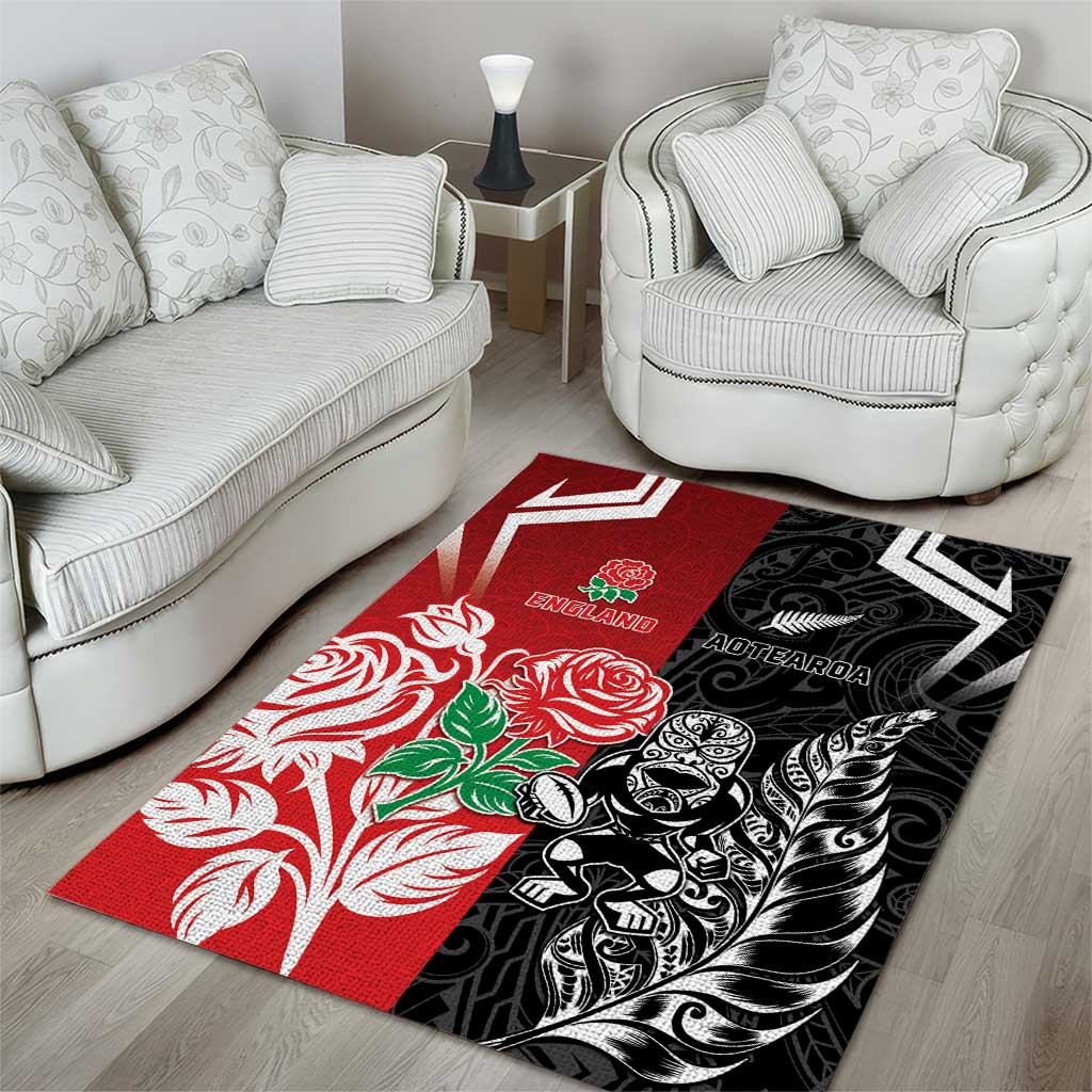 New Zealand And England Rugby Area Rug Maori Tiki With Red Rose Together