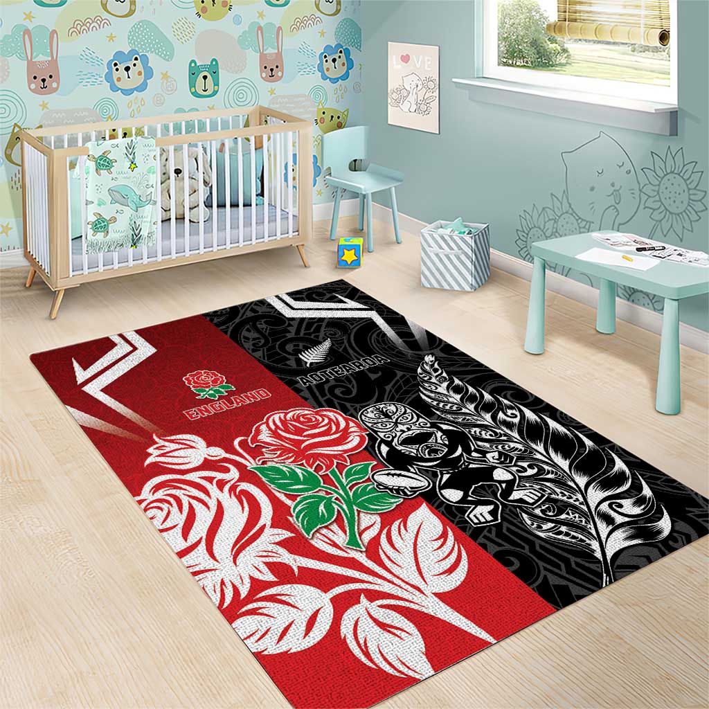 New Zealand And England Rugby Area Rug Maori Tiki With Red Rose Together