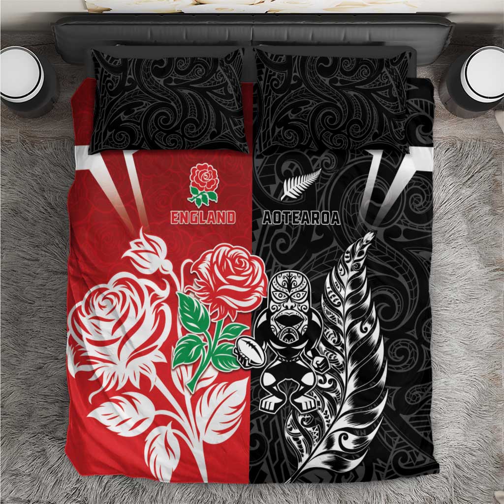 New Zealand And England Rugby Bedding Set Maori Tiki With Red Rose Together