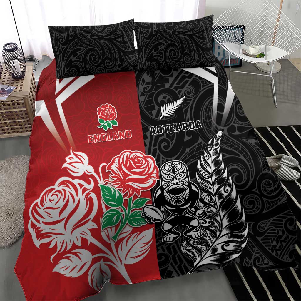 New Zealand And England Rugby Bedding Set Maori Tiki With Red Rose Together