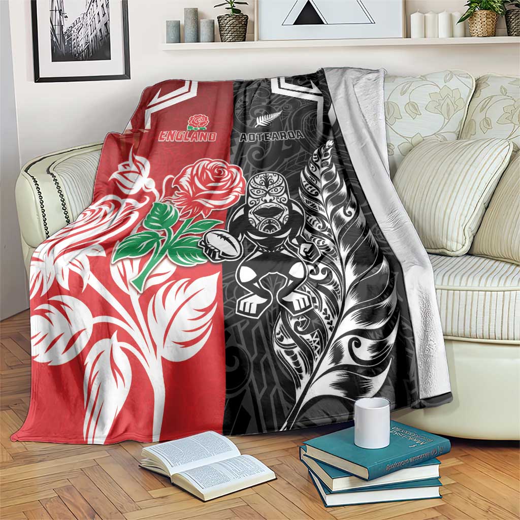 New Zealand And England Rugby Blanket Maori Tiki With Red Rose Together