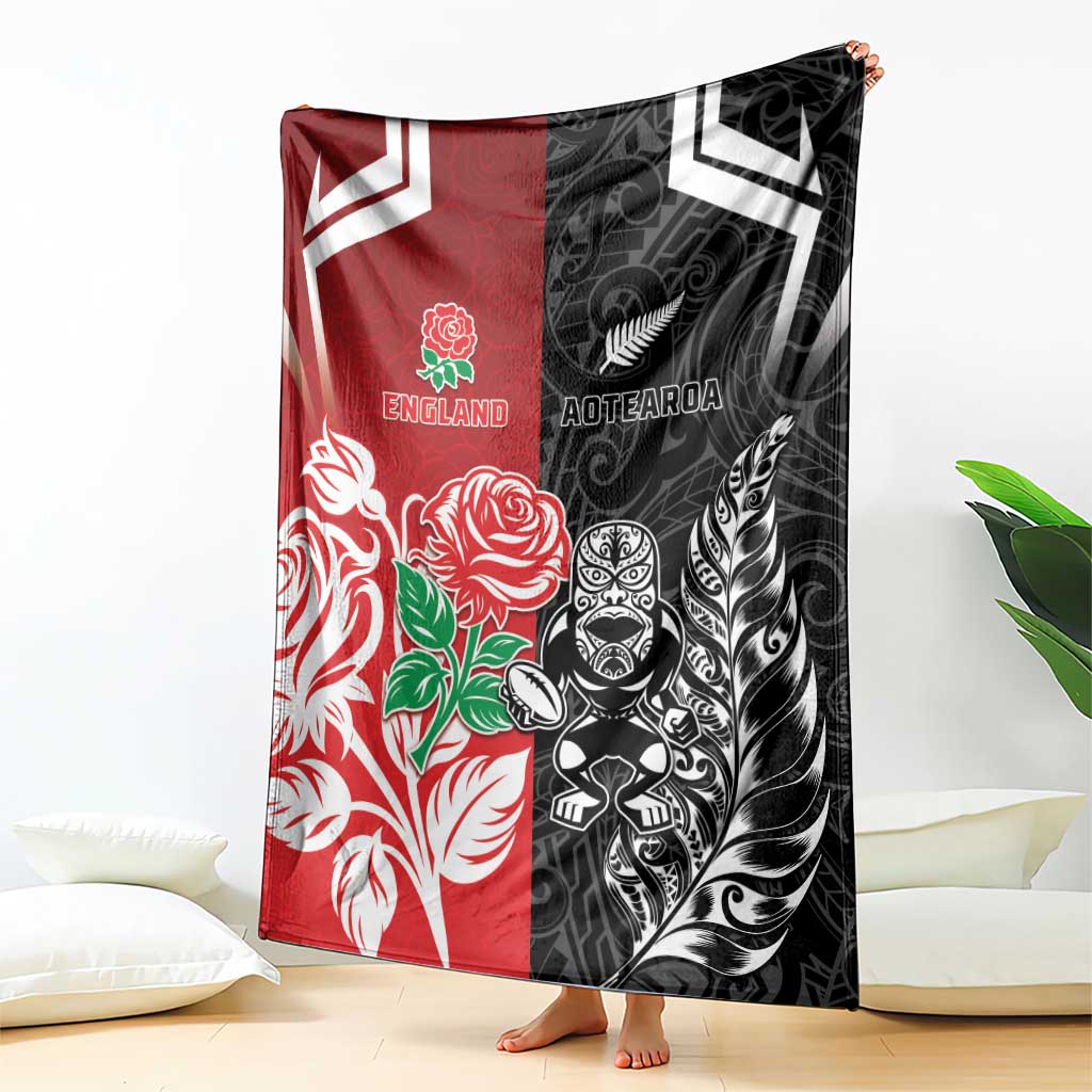 New Zealand And England Rugby Blanket Maori Tiki With Red Rose Together