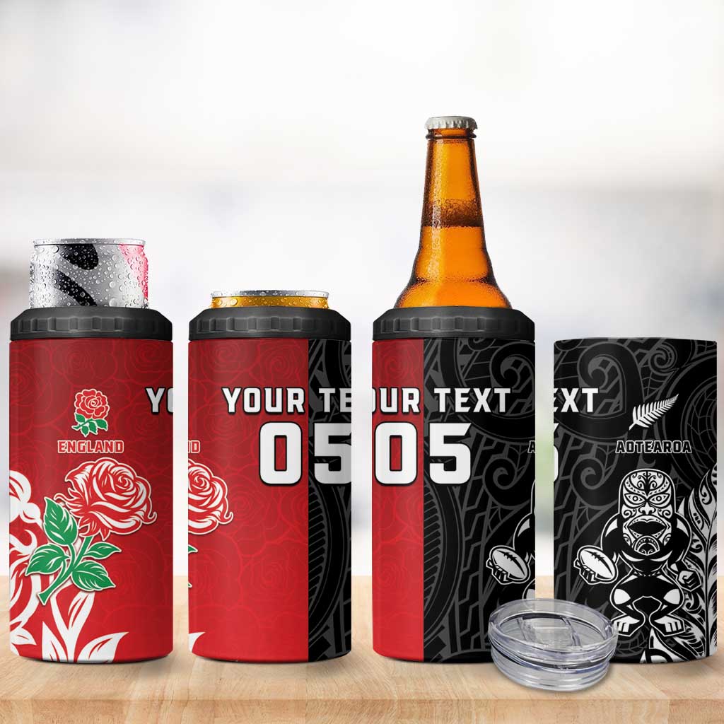 New Zealand And England Rugby Custom 4 in 1 Can Cooler Tumbler Maori Tiki With Red Rose Together