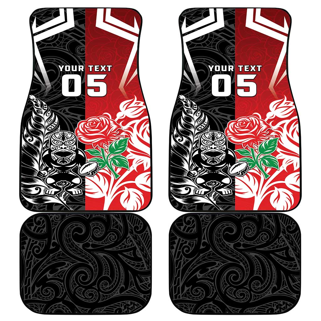 New Zealand And England Rugby Car Mats Maori Tiki With Red Rose Together