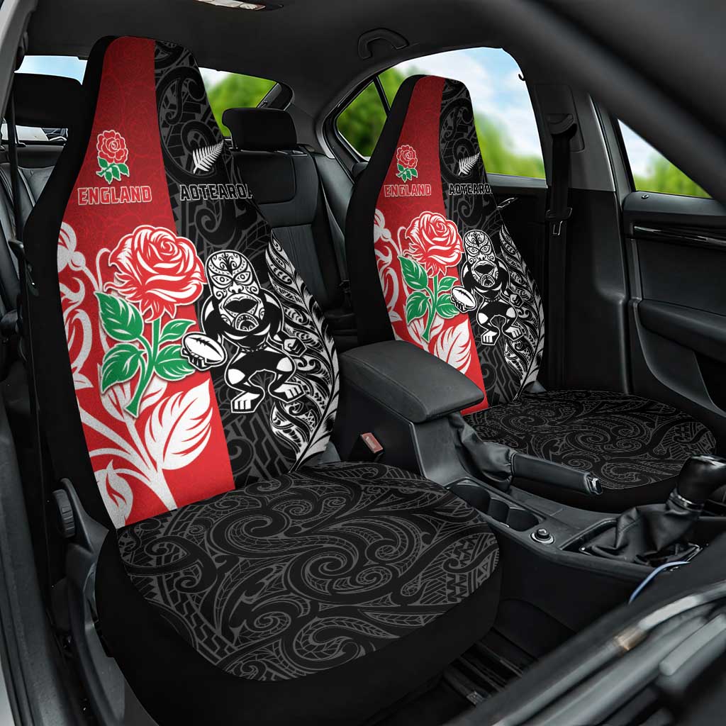 New Zealand And England Rugby Car Seat Cover Maori Tiki With Red Rose Together