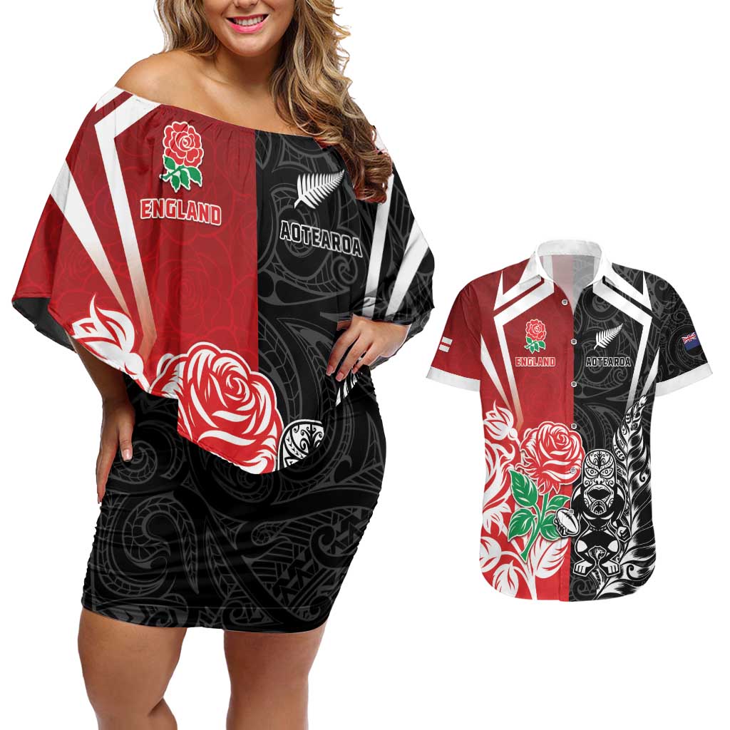 New Zealand And England Rugby Custom Couples Matching Off Shoulder Short Dress and Hawaiian Shirt Maori Tiki With Red Rose Together