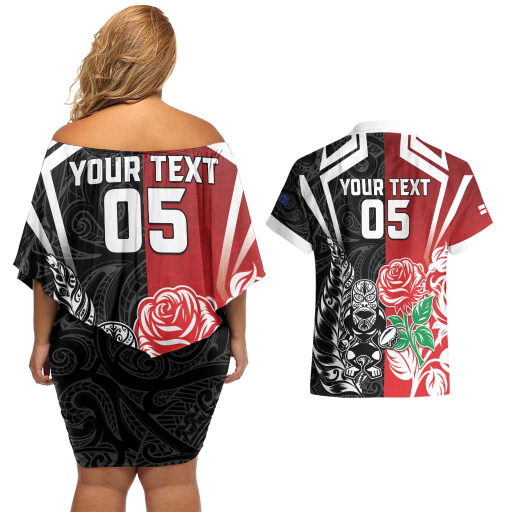 New Zealand And England Rugby Custom Couples Matching Off Shoulder Short Dress and Hawaiian Shirt Maori Tiki With Red Rose Together