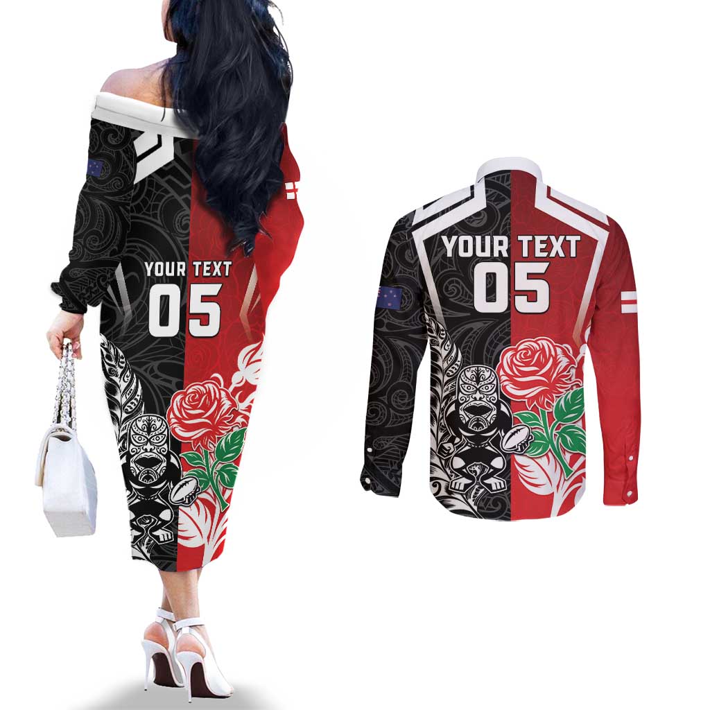 New Zealand And England Rugby Custom Couples Matching Off The Shoulder Long Sleeve Dress and Long Sleeve Button Shirt Maori Tiki With Red Rose Together