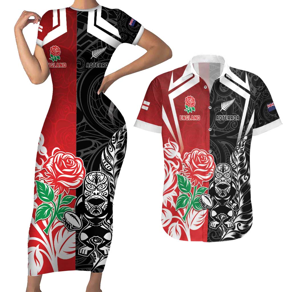 New Zealand And England Rugby Custom Couples Matching Short Sleeve Bodycon Dress and Hawaiian Shirt Maori Tiki With Red Rose Together