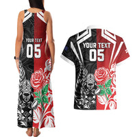 New Zealand And England Rugby Custom Couples Matching Tank Maxi Dress and Hawaiian Shirt Maori Tiki With Red Rose Together