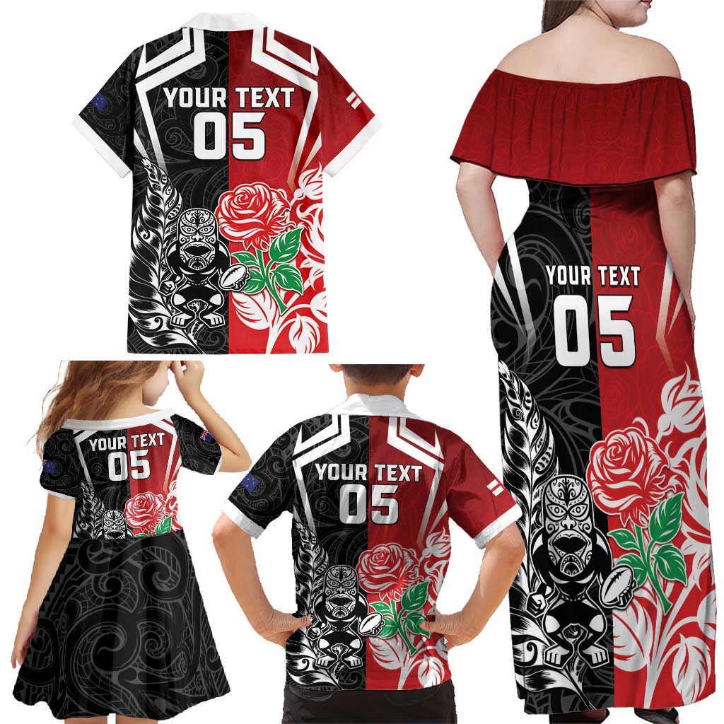 New Zealand And England Rugby Custom Family Matching Off Shoulder Maxi Dress and Hawaiian Shirt Maori Tiki With Red Rose Together