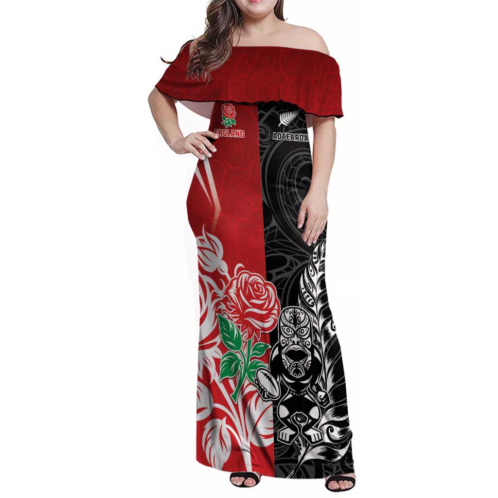 New Zealand And England Rugby Custom Family Matching Off Shoulder Maxi Dress and Hawaiian Shirt Maori Tiki With Red Rose Together