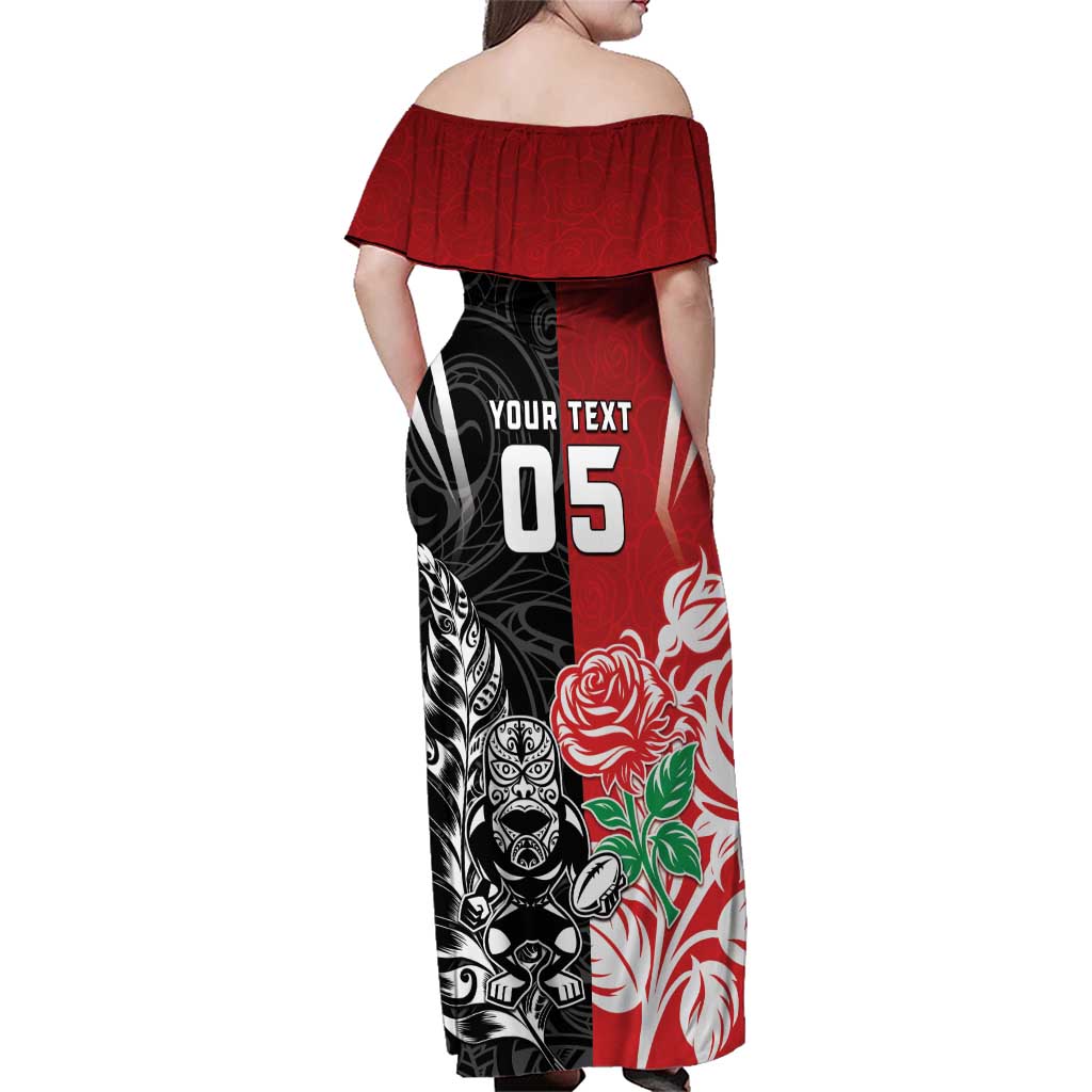 New Zealand And England Rugby Custom Family Matching Off Shoulder Maxi Dress and Hawaiian Shirt Maori Tiki With Red Rose Together