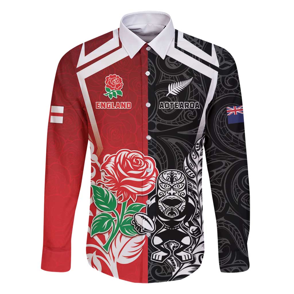New Zealand And England Rugby Custom Family Matching Off Shoulder Short Dress and Hawaiian Shirt Maori Tiki With Red Rose Together