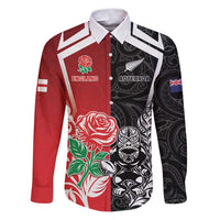 New Zealand And England Rugby Custom Family Matching Puletasi and Hawaiian Shirt Maori Tiki With Red Rose Together
