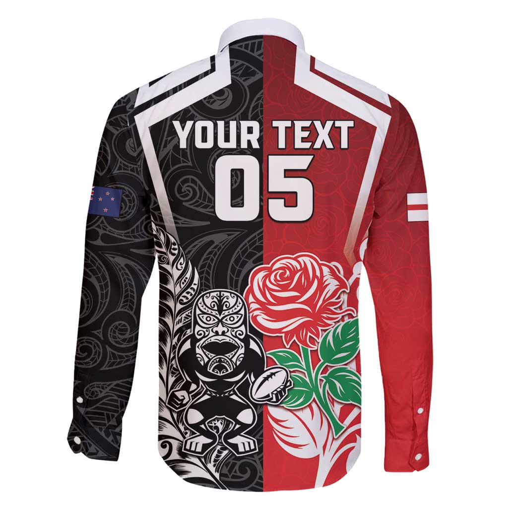 New Zealand And England Rugby Custom Family Matching Puletasi and Hawaiian Shirt Maori Tiki With Red Rose Together
