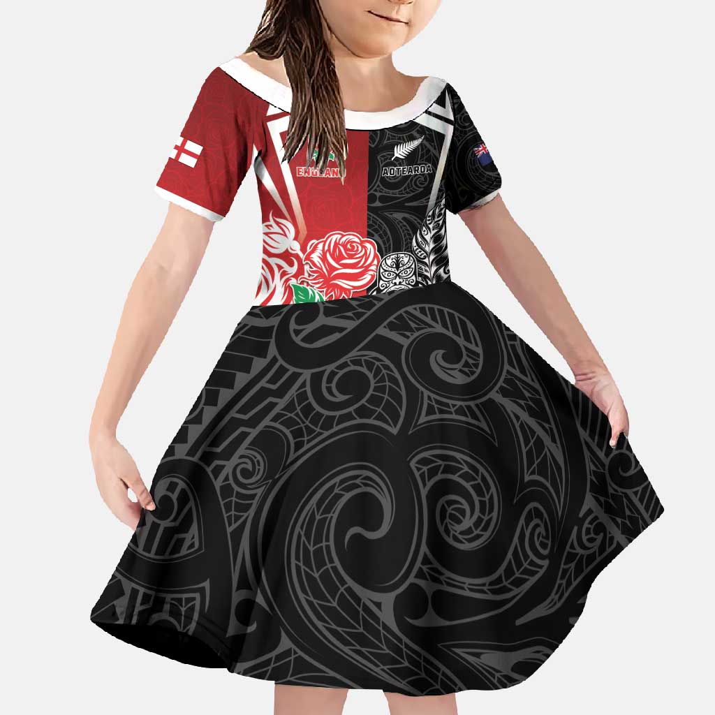 New Zealand And England Rugby Custom Family Matching Summer Maxi Dress and Hawaiian Shirt Maori Tiki With Red Rose Together