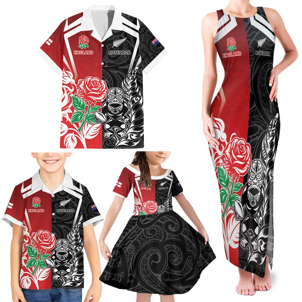 New Zealand And England Rugby Custom Family Matching Tank Maxi Dress and Hawaiian Shirt Maori Tiki With Red Rose Together