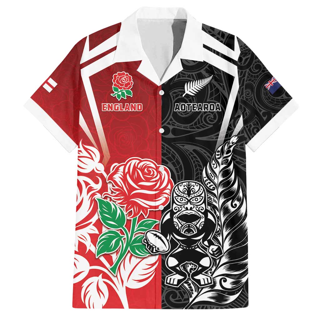 New Zealand And England Rugby Custom Family Matching Tank Maxi Dress and Hawaiian Shirt Maori Tiki With Red Rose Together