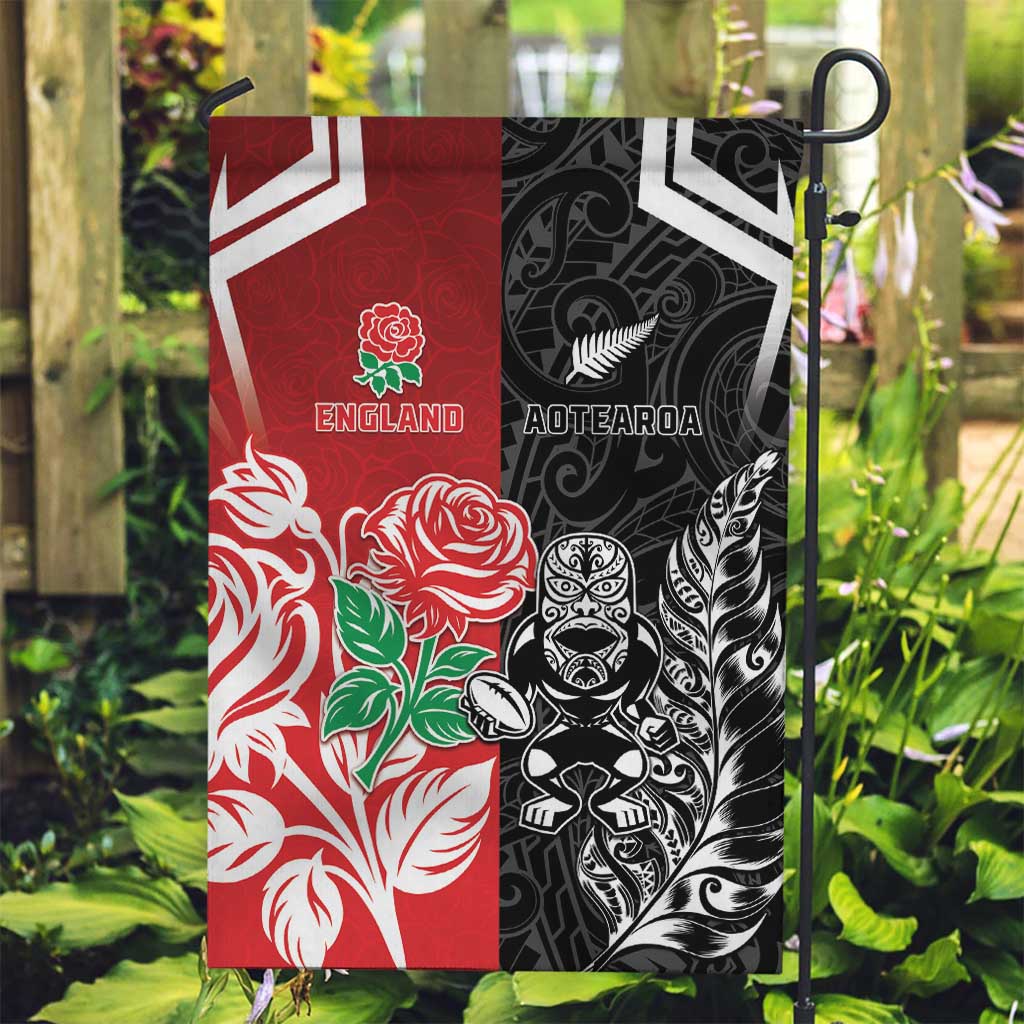 New Zealand And England Rugby Garden Flag Maori Tiki With Red Rose Together