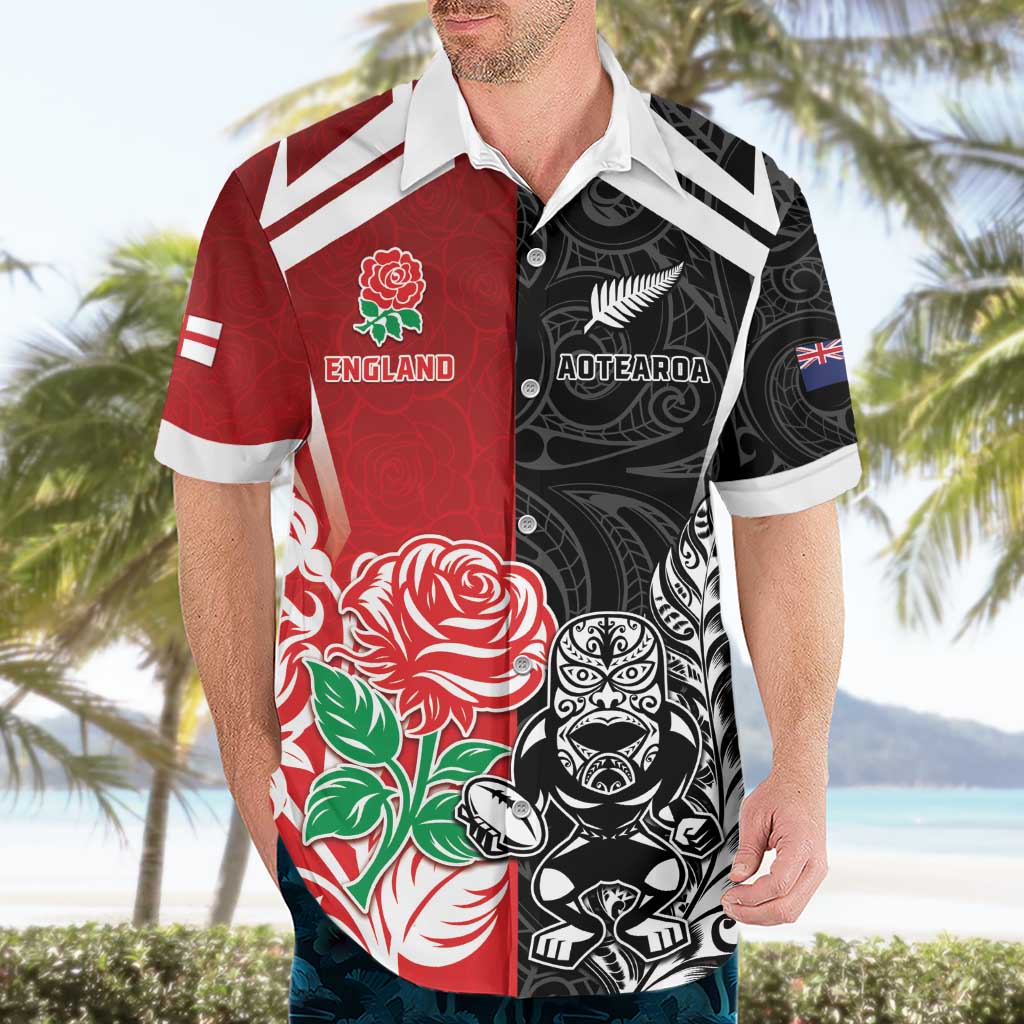 New Zealand And England Rugby Custom Hawaiian Shirt Maori Tiki With Red Rose Together