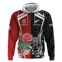 New Zealand And England Rugby Custom Hoodie Maori Tiki With Red Rose Together