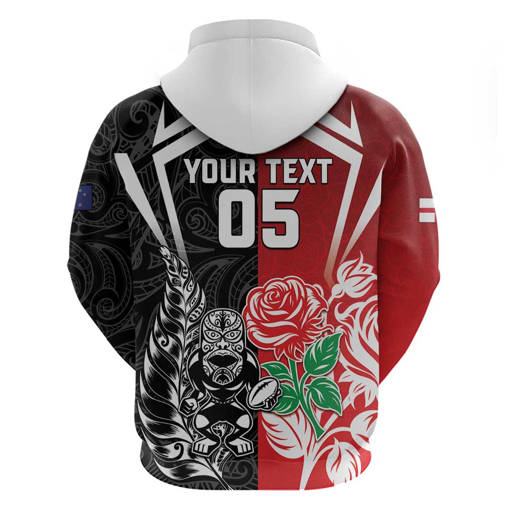 New Zealand And England Rugby Custom Hoodie Maori Tiki With Red Rose Together